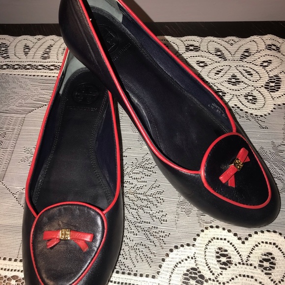 TORY BURCH NAVY/RED BOW FLATS-WORN 3X’s SZ 8 - Picture 4 of 8